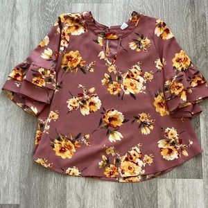 Women's Mauve Floral Ruffle Sleeve Top - Unbranded